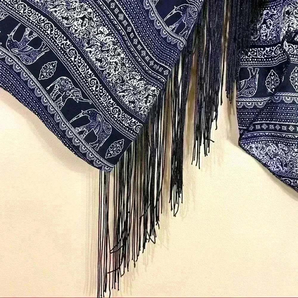 See You Monday Fringed Bell Sleeve Elephant Safari Boho Crop Back Split Top (M) - Picture 3 of 15